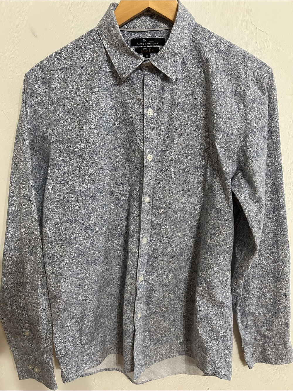 Marc Anthony Men's Blue and Gray Speckled Button-Up Shirt Stretch Slim Fit M